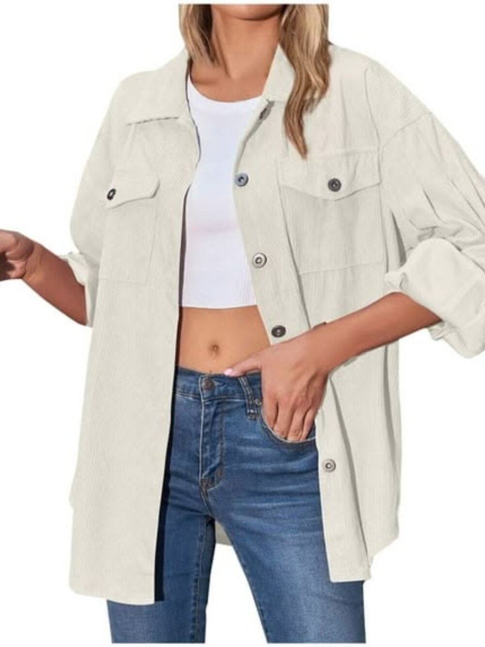 Amazon Cream Neutral White Corduroy Button Down Shirt Shacket Jacket Size M